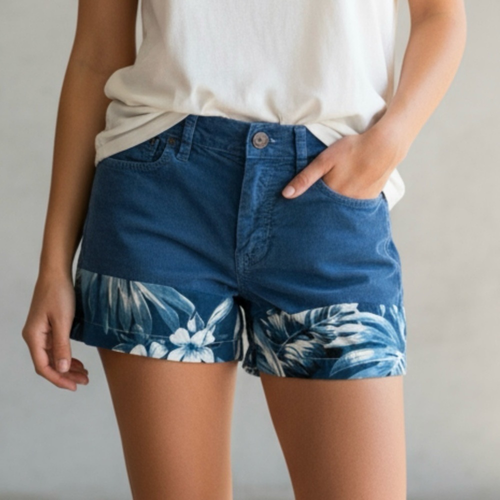 J.Crew Blue Corduroy Shorts Size 27 Tropical Floral Cuff Casual Summer